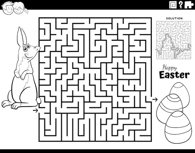 Premium vector maze with easter bunny and easter eggs coloring page