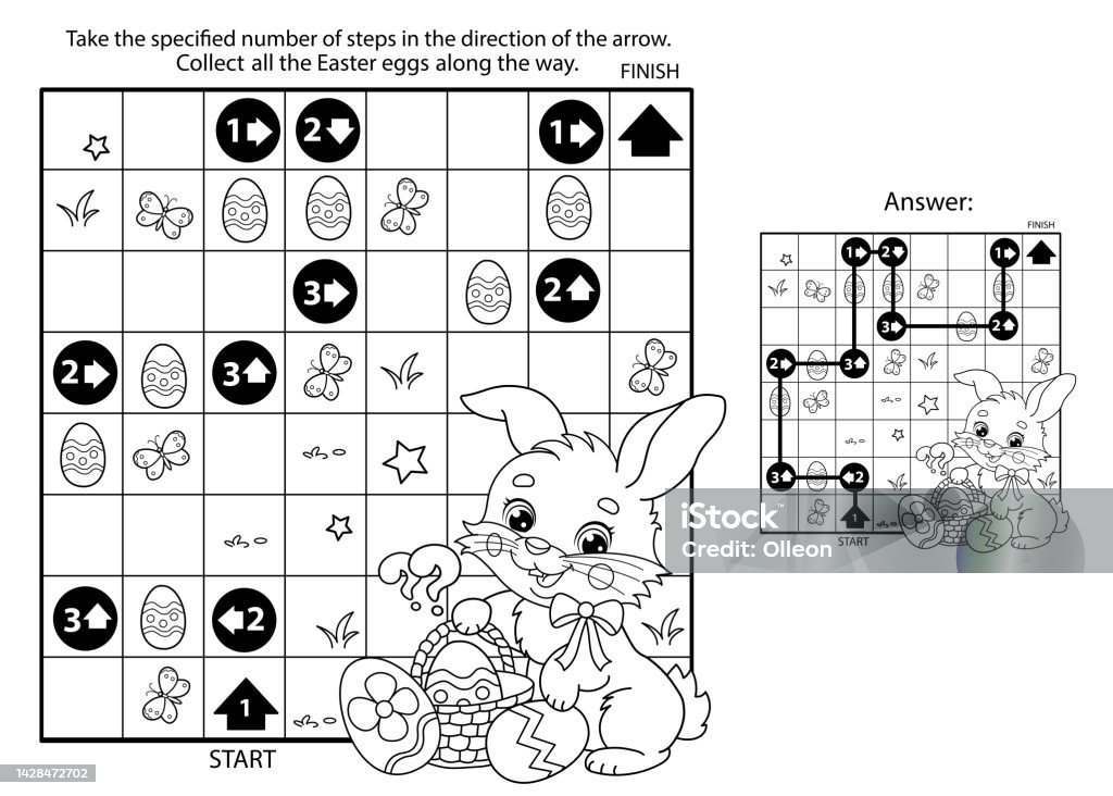 Maze or labyrinth game puzzle coloring page outline of cartoon cute easter bunny with eggs and sweets coloring book for kids stock illustration