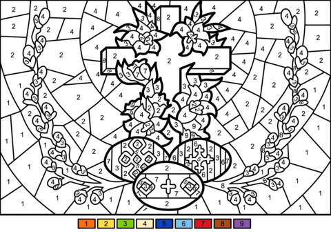 Easter cross and eggs color by number free printable coloring pages