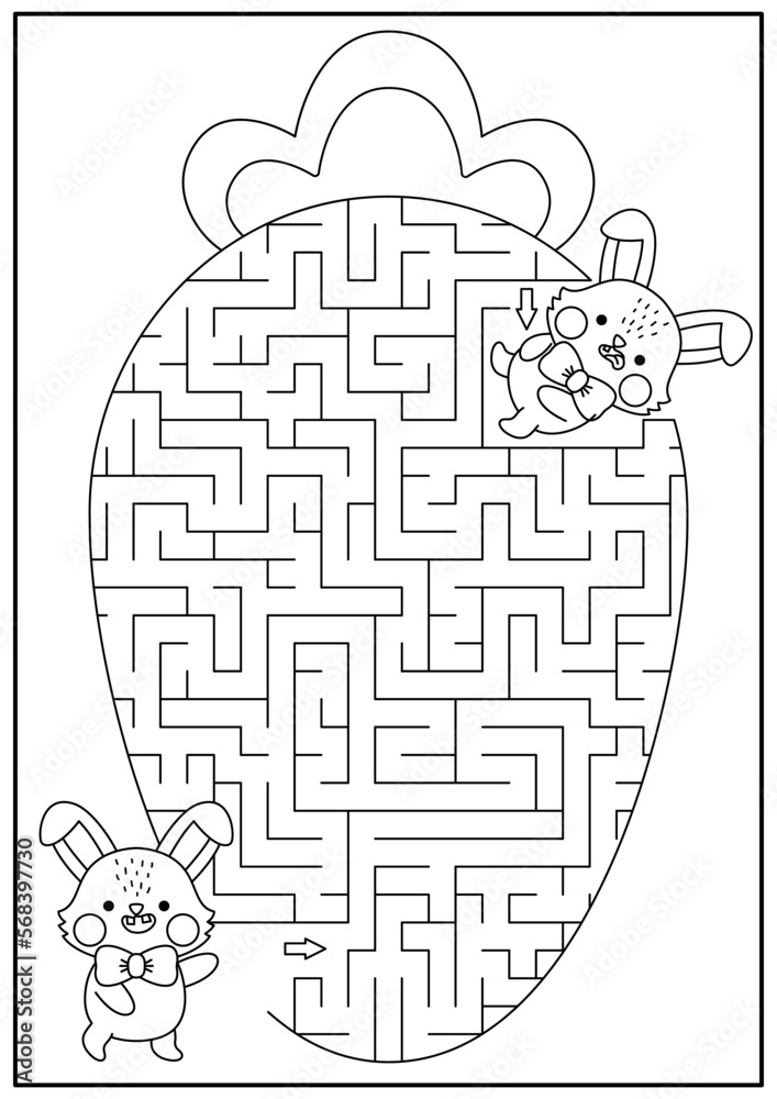 Easter black and white maze for kids spring holiday preschool printable activity with kawaii bunny eating big carrot geometrical labyrinth game puzzle or coloring page with cute character vector