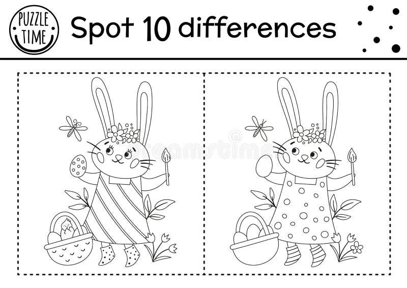 Easter find differences game for children holiday black and white educational activity and coloring page with funny bunny stock vector