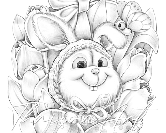 Sneaky easter bunny coloring page pdf cute postcard coloring page for adults and kids grayscale coloring pages rabbit printable print
