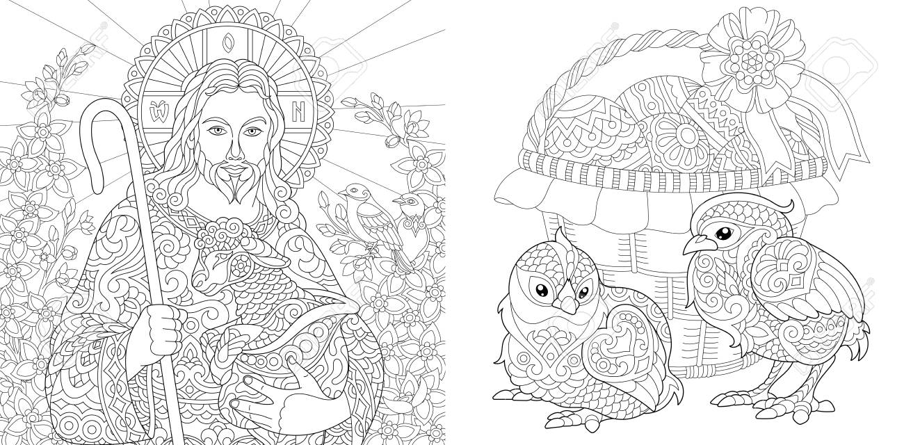 Easter coloring pages coloring book for adults colouring pictures with jesus and chickens drawn in zentangle style royalty free svg cliparts vectors and stock illustration image