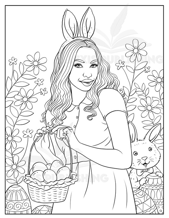 Black woman easter coloring page melanin girl illustration printable pages for stress relieving for relaxation easter gift