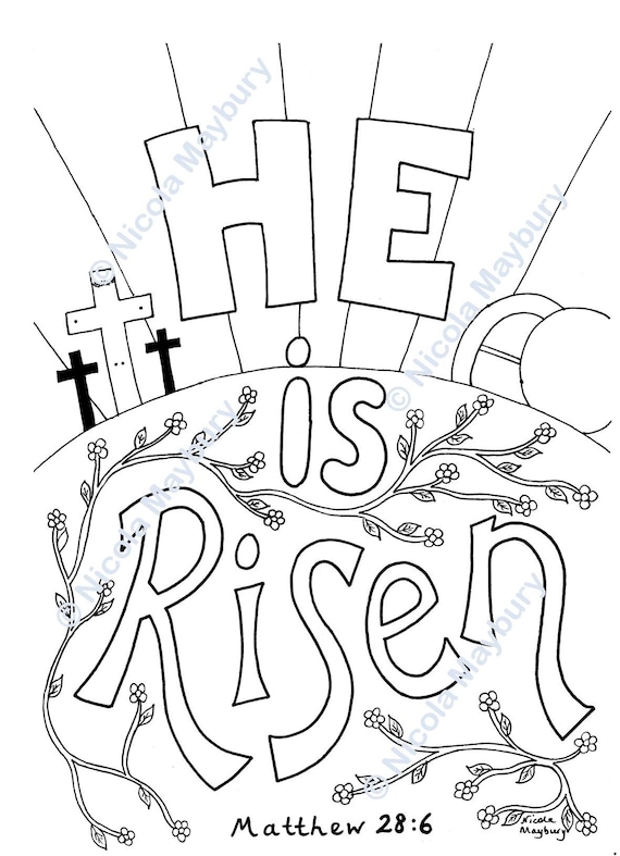 Easter colouring sheet he is risen hand drawn downloadable bible verse colouring sheet matthew a size