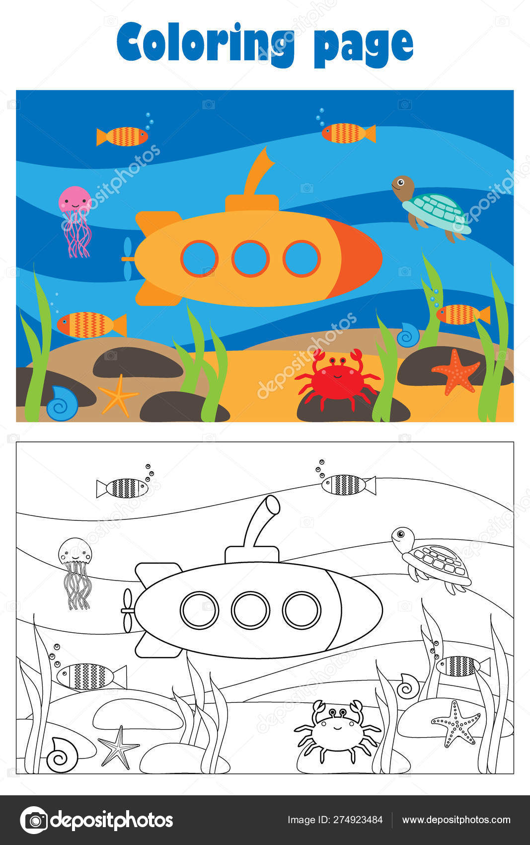 Submarine under water in cartoon style summer coloring page education paper game for the development of children kids preschool activity printable worksheet vector illustration stock vector by olyabymailru