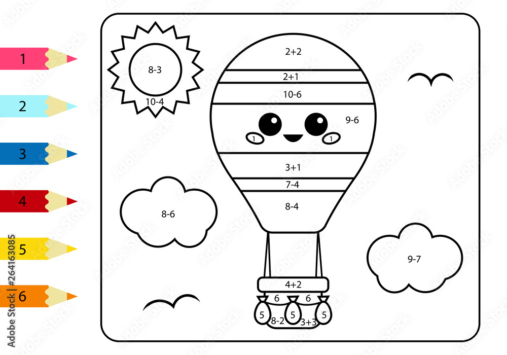 Coloring page by numbers kawaii cartoon hot air balloon activity worksheet addition and subtraction educational game for children vector