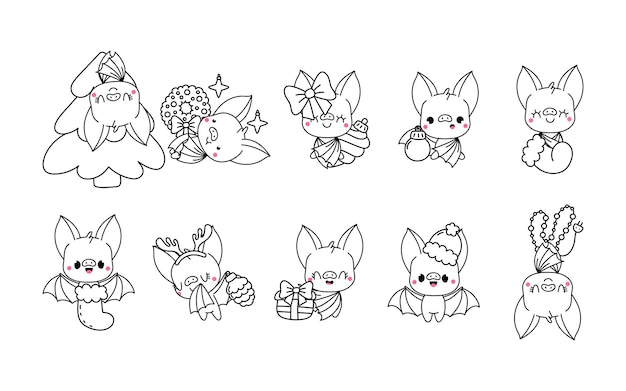 Premium vector set of vector christmas bat coloring page collection of kawaii isolated new year animals outline