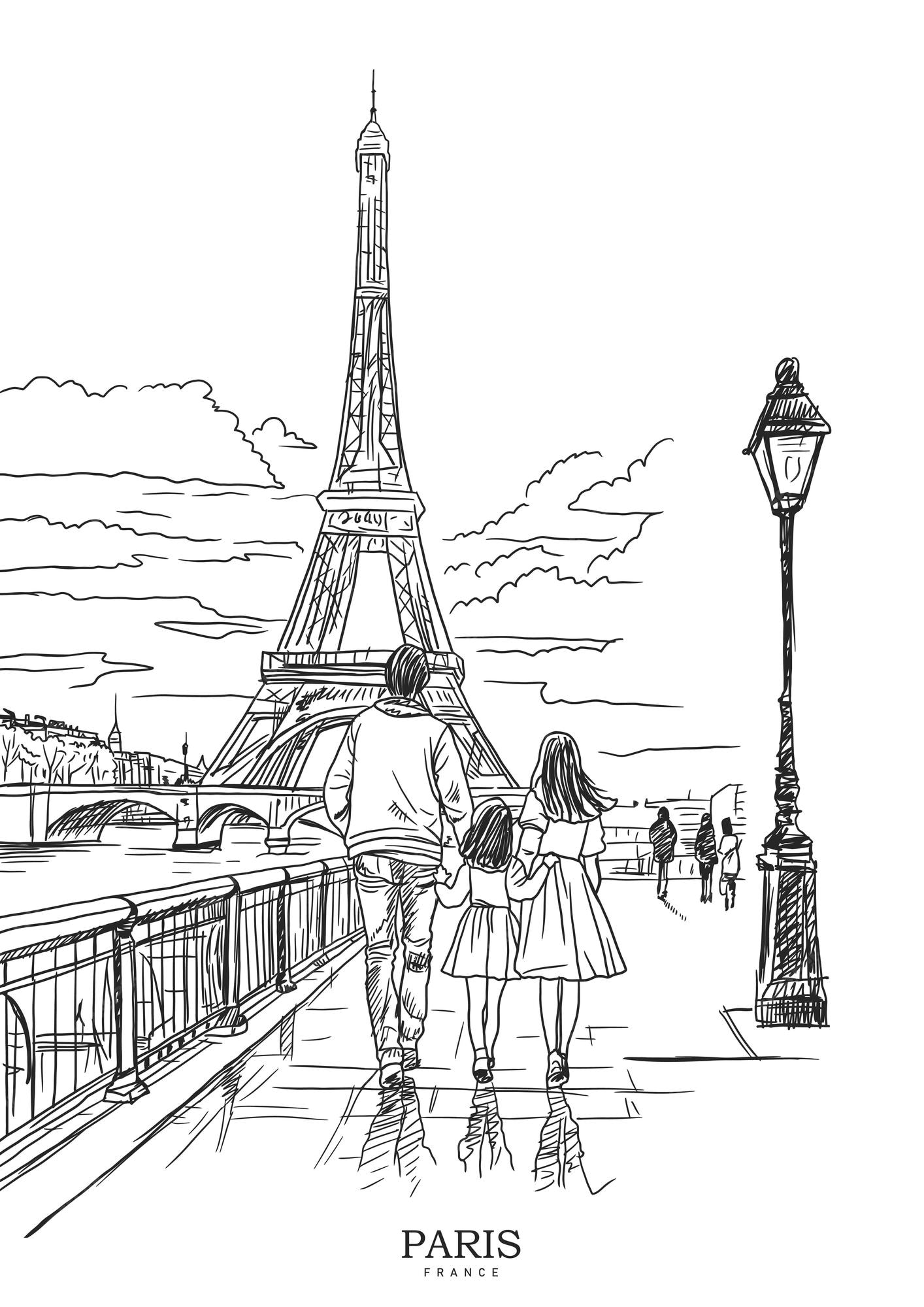 Premium vector people walking excitedly towards the historic eiffel tower vector sketch travel illustration