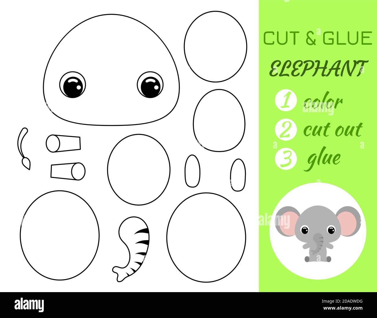 Simple educational game coloring page cut and glue sitting baby elephant for kids educational paper game for preschool children color cut parts and stock vector image art