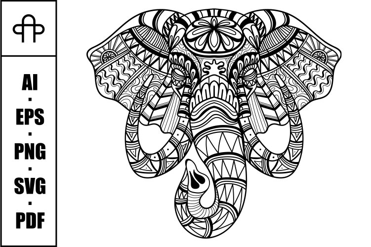 Elephant head mandala zentangle coloring page illustration