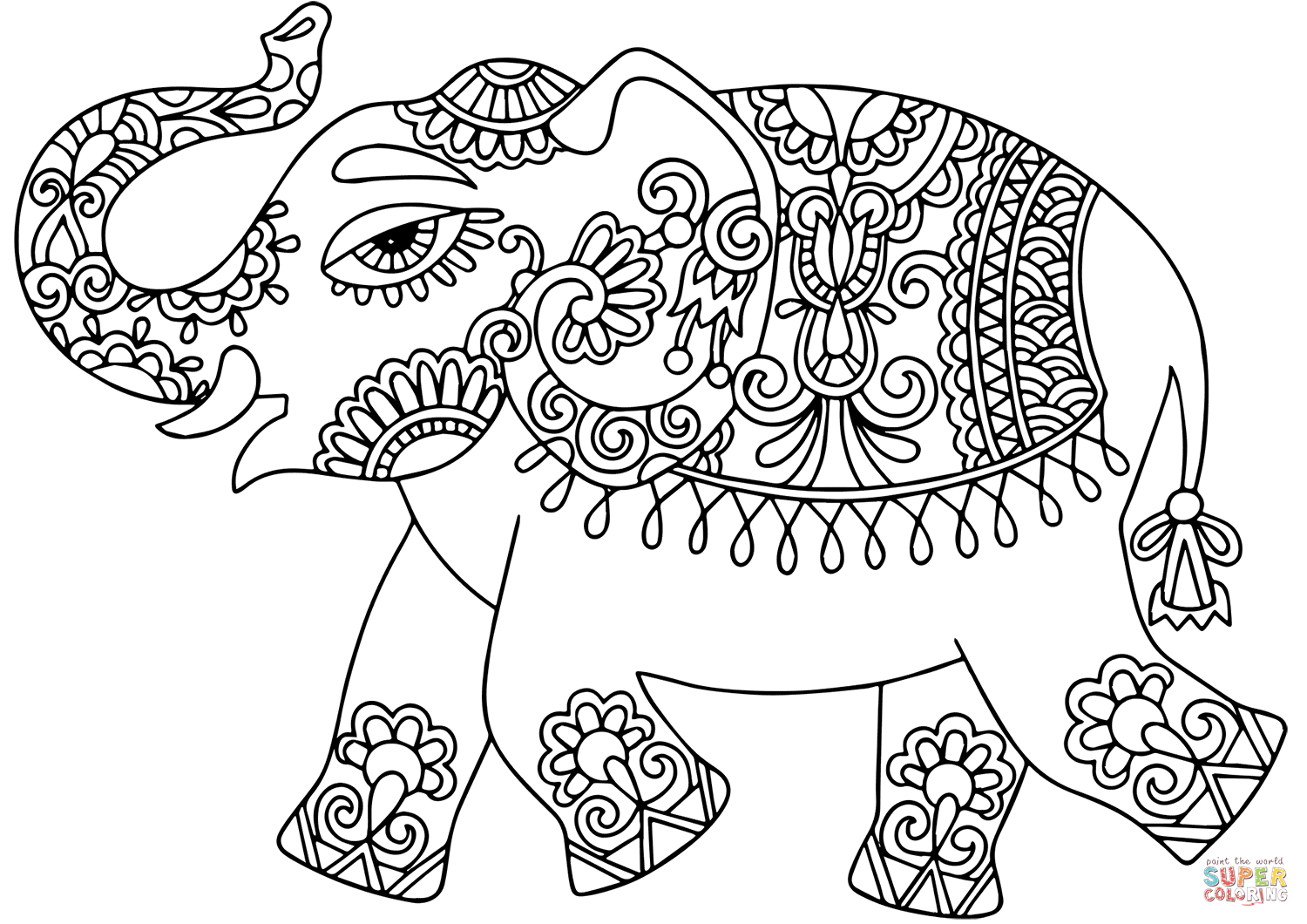 Elephant with indian pattern coloring page free printable coloring pages