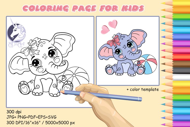Cute elephant coloring page for kids