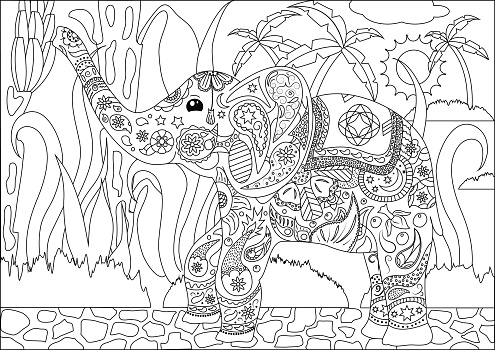 Adult coloring page with elephant stock illustration