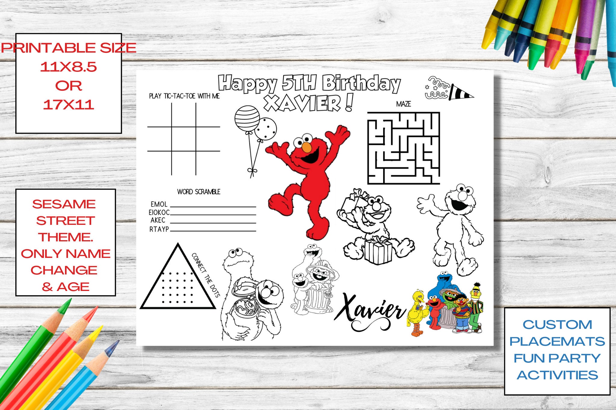 Printable elmo sesame street birthday kids activity place mat birthday cake coloring sheets birthday fun activity page printable