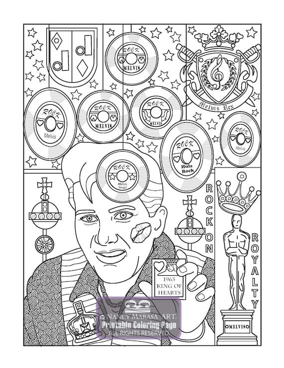 Melvis goes hollywood king of hearts coloring page elvis legend inspired printable pages adults and teens celebrity rock roll