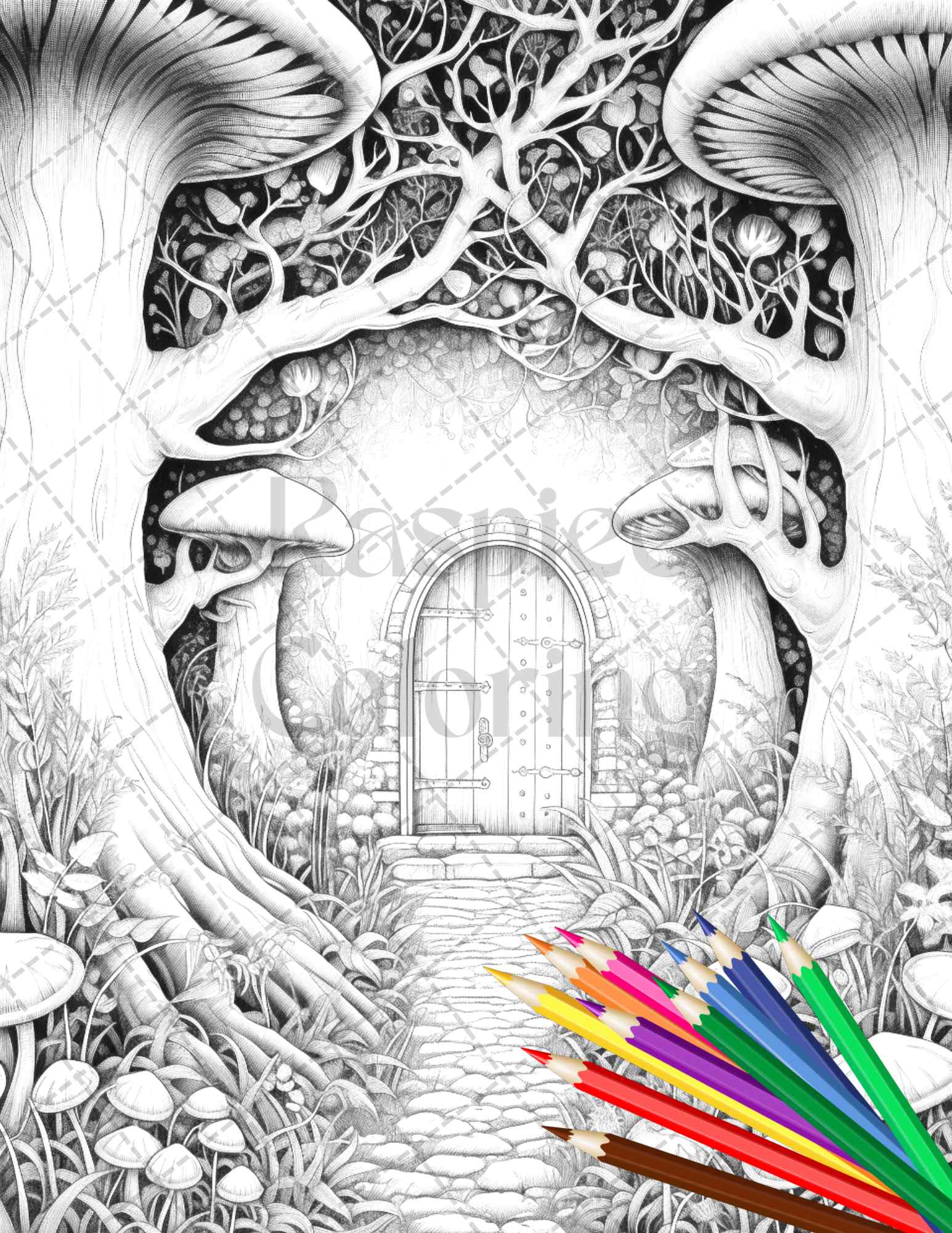 Magical forest gates grayscale coloring pages printable for adults â coloring