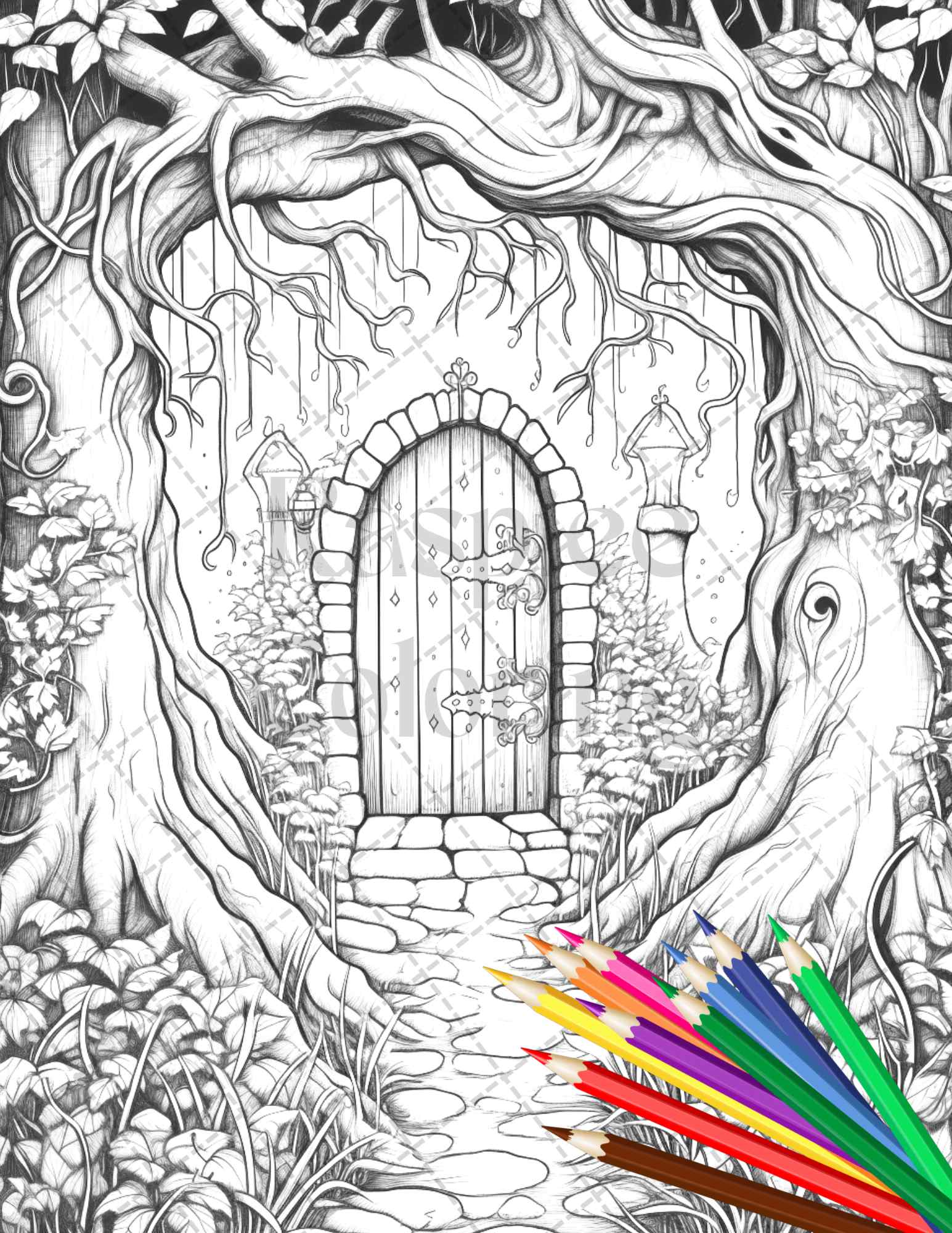 Magical forest gates grayscale coloring pages printable for adults â coloring