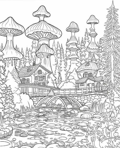 Premium ai image a coloring page of a forest with a bridge and mushrooms