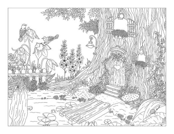 Magical forest coloring page art print by lisa brando