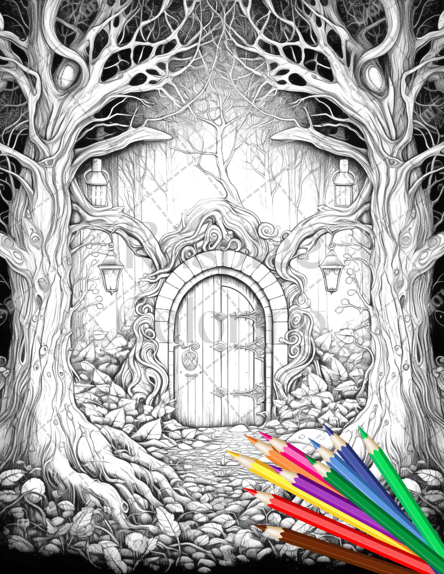 Magical forest gates grayscale coloring pages printable for adults â coloring