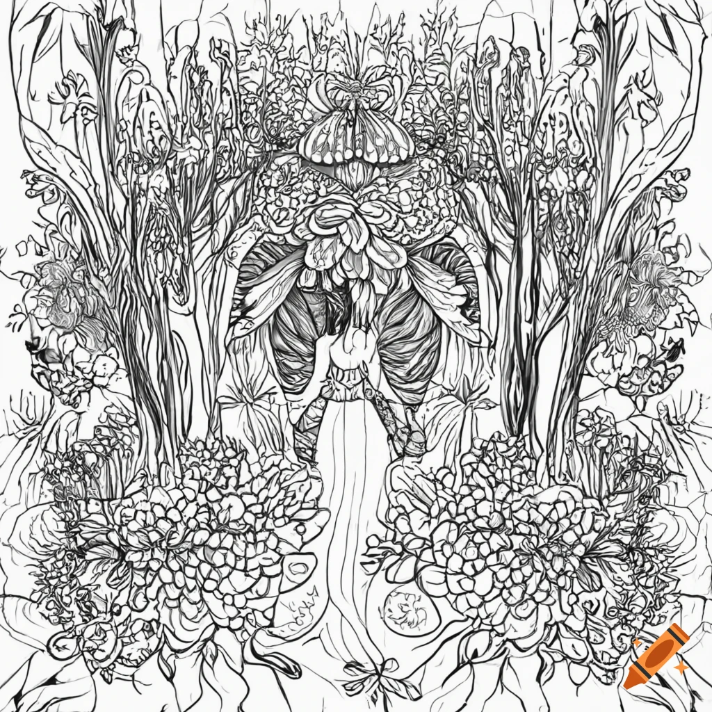 Black and white line drawing of a forest lush with beautiful flowers and mushrooms full of friendly fairies in a style useful for a coloring book on