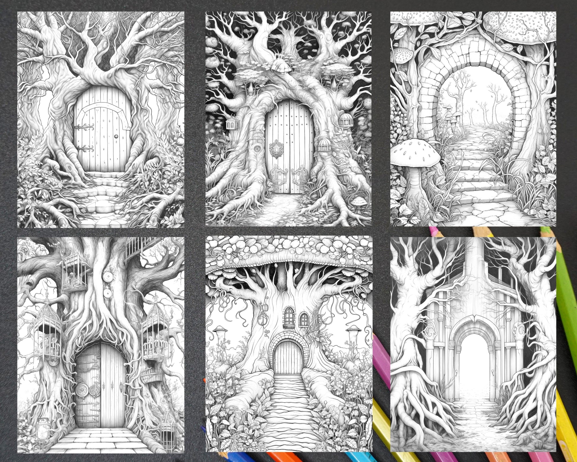 Magical forest gates grayscale coloring pages printable for adults â coloring