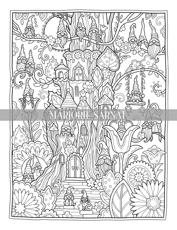 Gnome town coloring collection printable coloring pages â marjorie sarnat design illustration