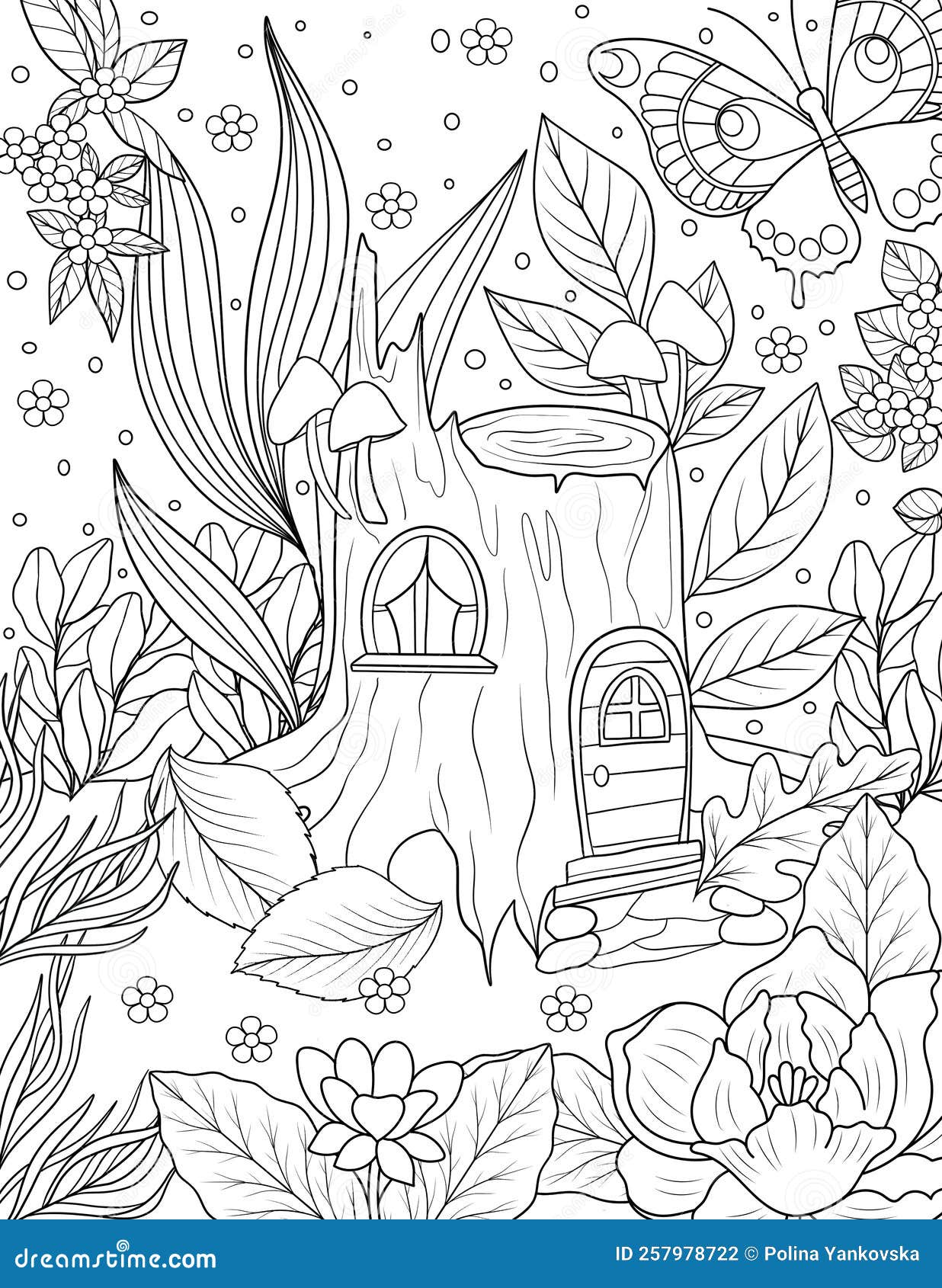 Fairy house coloring page for adult stock illustration