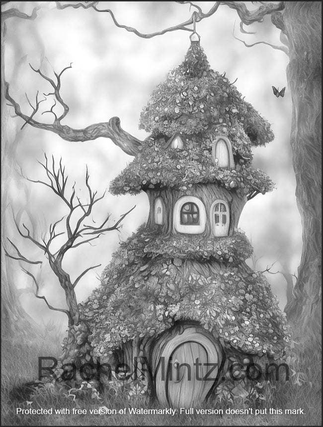 Misty forest treehouses x fantasy forest hideouts grayscale color â rachel mintz coloring books