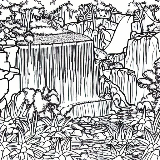 An adult coloring page of a waterfall in the enchanted stable diffusion