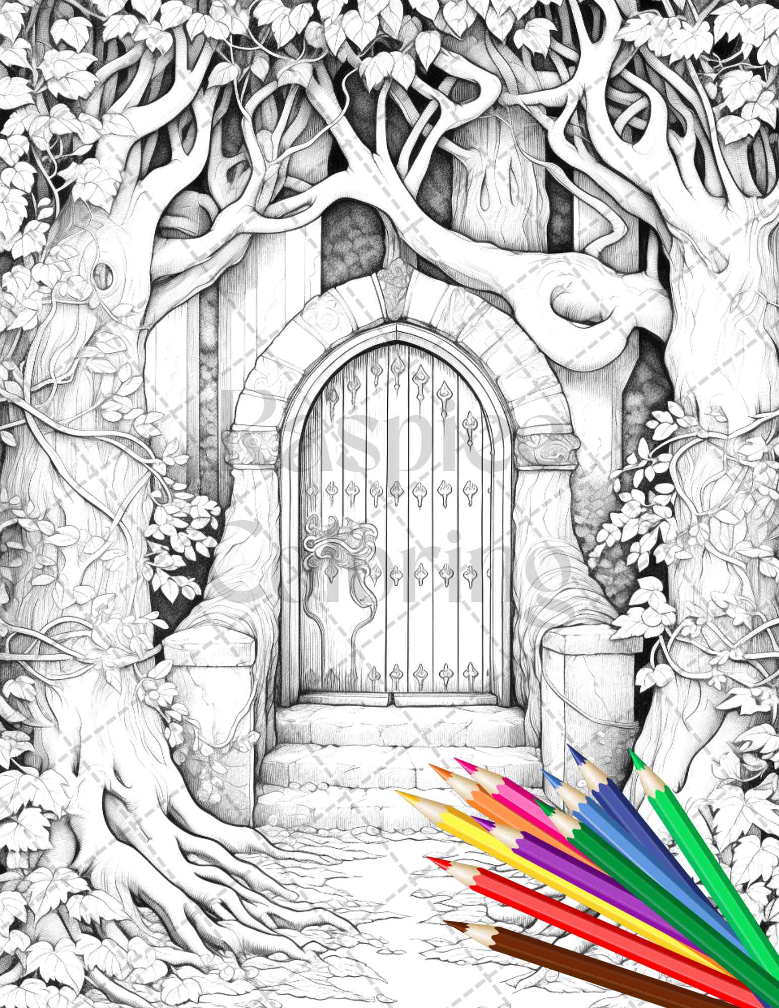 Magical forest gates grayscale coloring pages printable for adults â coloring