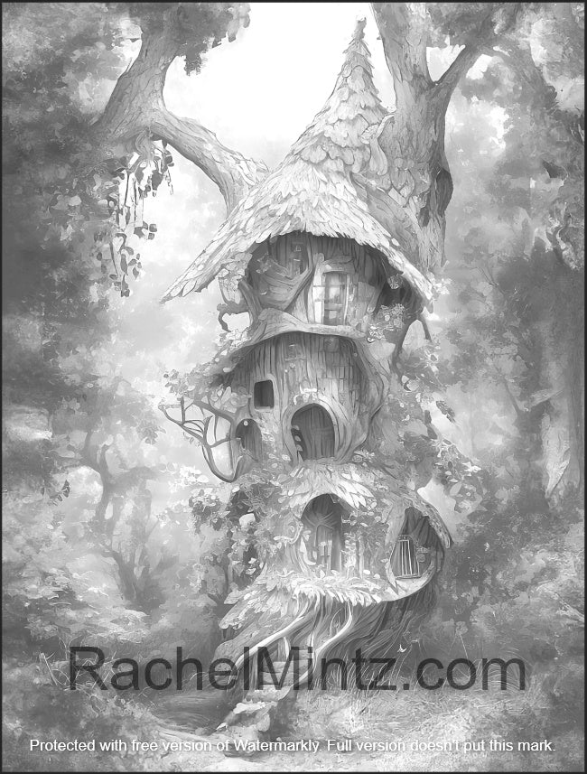 Misty forest treehouses x fantasy forest hideouts grayscale color â rachel mintz coloring books