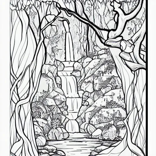 A grayscale adult coloring page of a waterfall in the stable diffusion