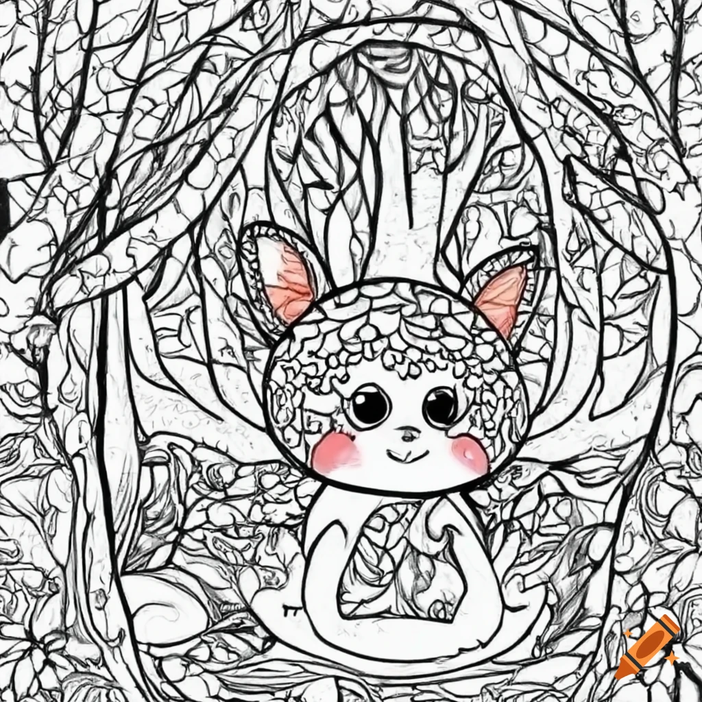 Coloring page of a enchanted forest with cute animals