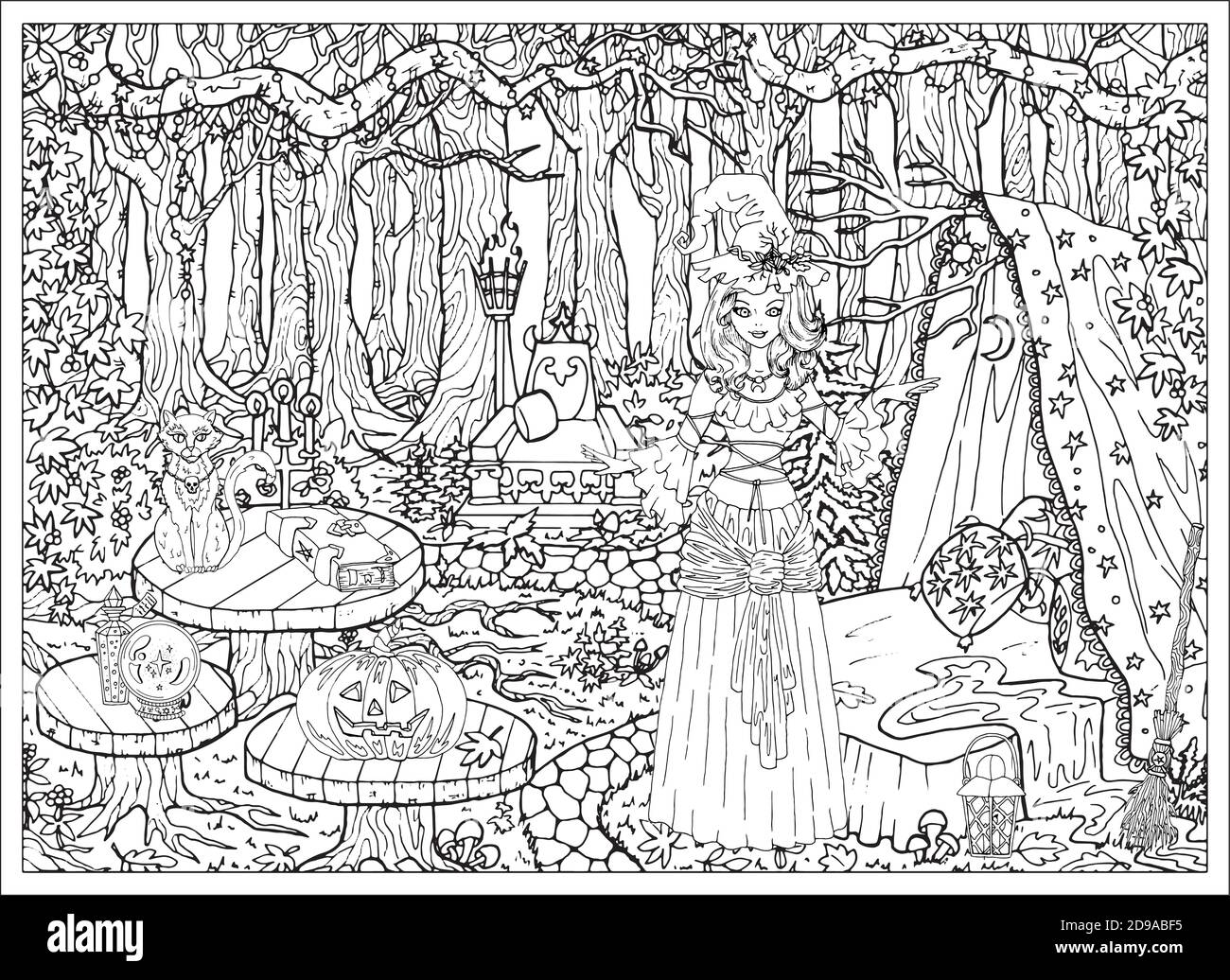 Beautiful witch girl with mystic animals at her house in the forest outdoors hand drawn vector illustration for coloring page and book black and whi stock vector image art