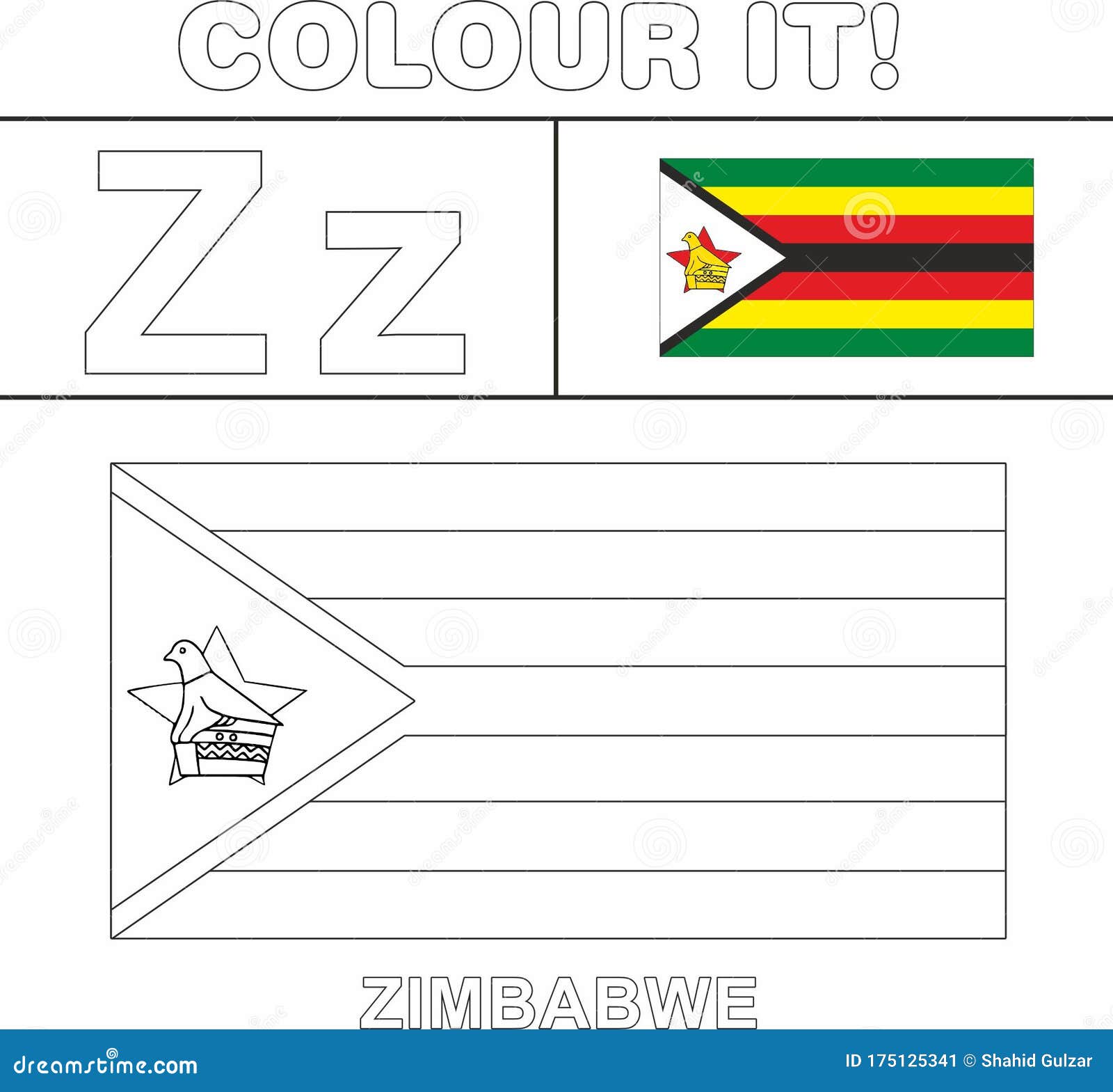 Colour it kids colouring page country starting from english letter z zimbabwe how to color flag stock illustration