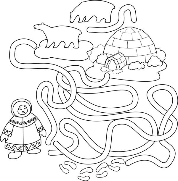 Coloring page help the eskimo find the way to igloo stock illustration