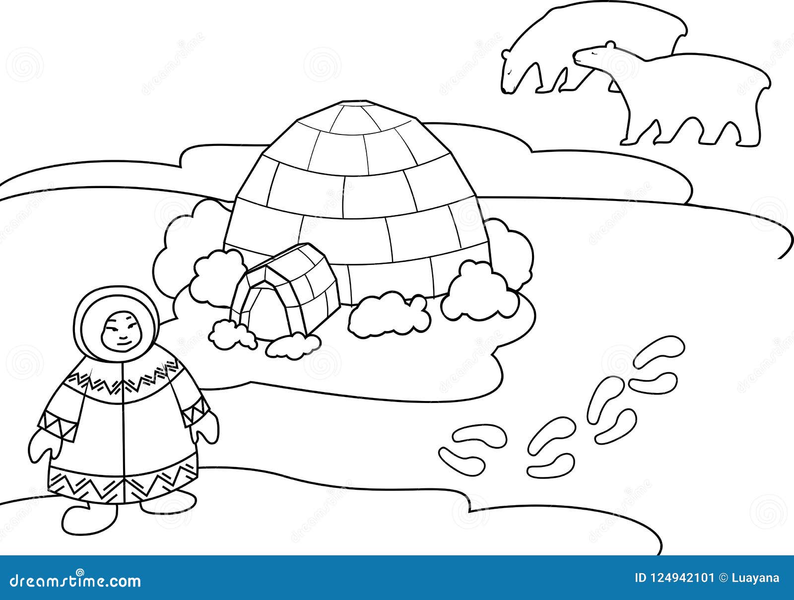 Coloring page arctic landscape with eskimo in national clothes igloo and stylized polar bear stock vector