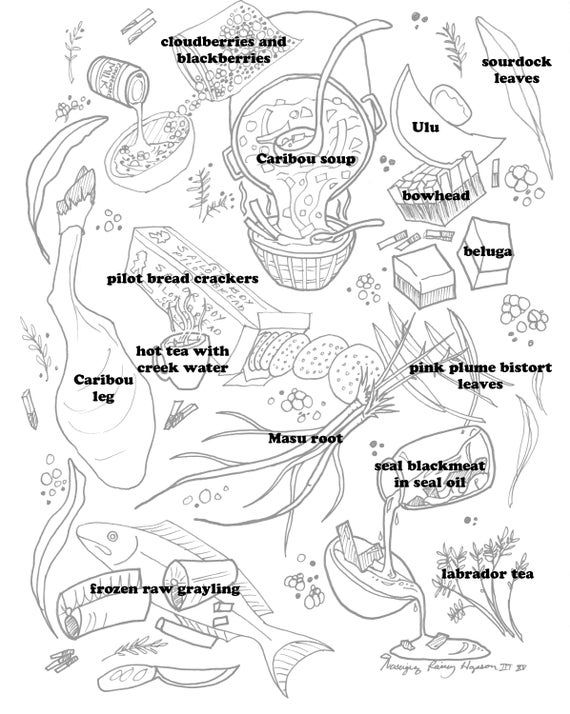 Inupiaq food love alaska native hand drawn coloring page