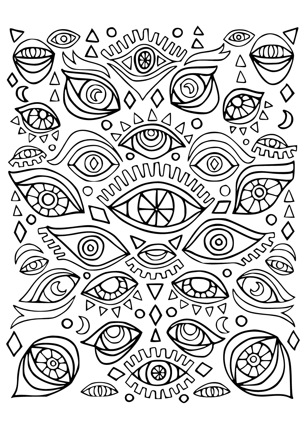 Free printable psychedelic eyes coloring page for adults and kids