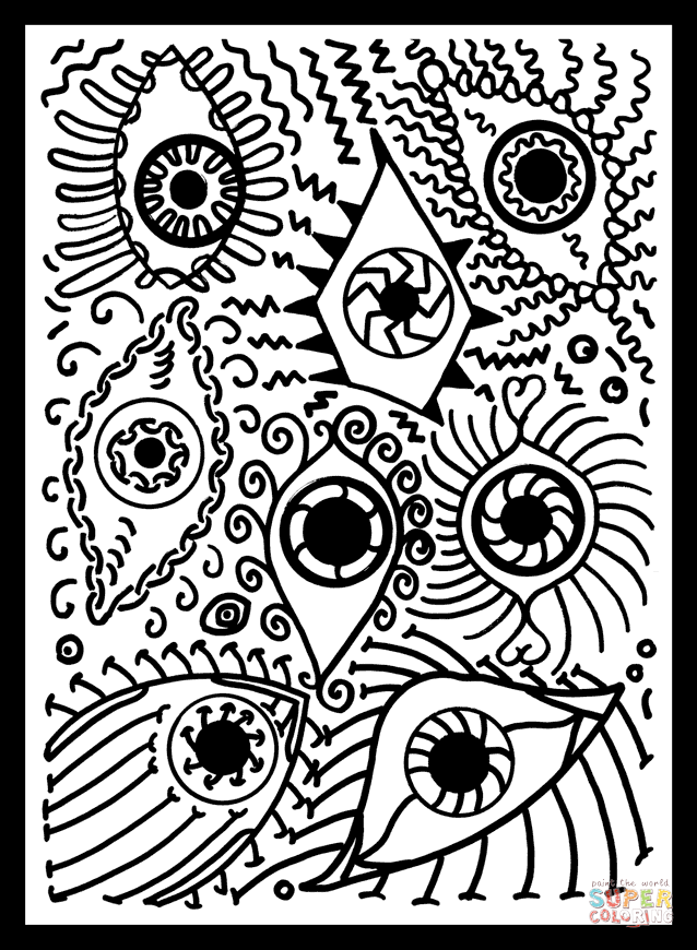 Psychedelic pattern with eyes coloring page free printable coloring pages