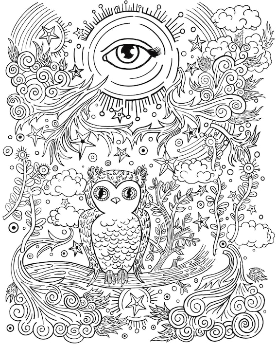 Owl all seeing eye stars and rainbows downloadable pdf for coloring download now