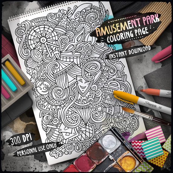 Amusement park digital coloring page fun fair doodle adult coloring book attraction cartoon picture printable colouring sheet download