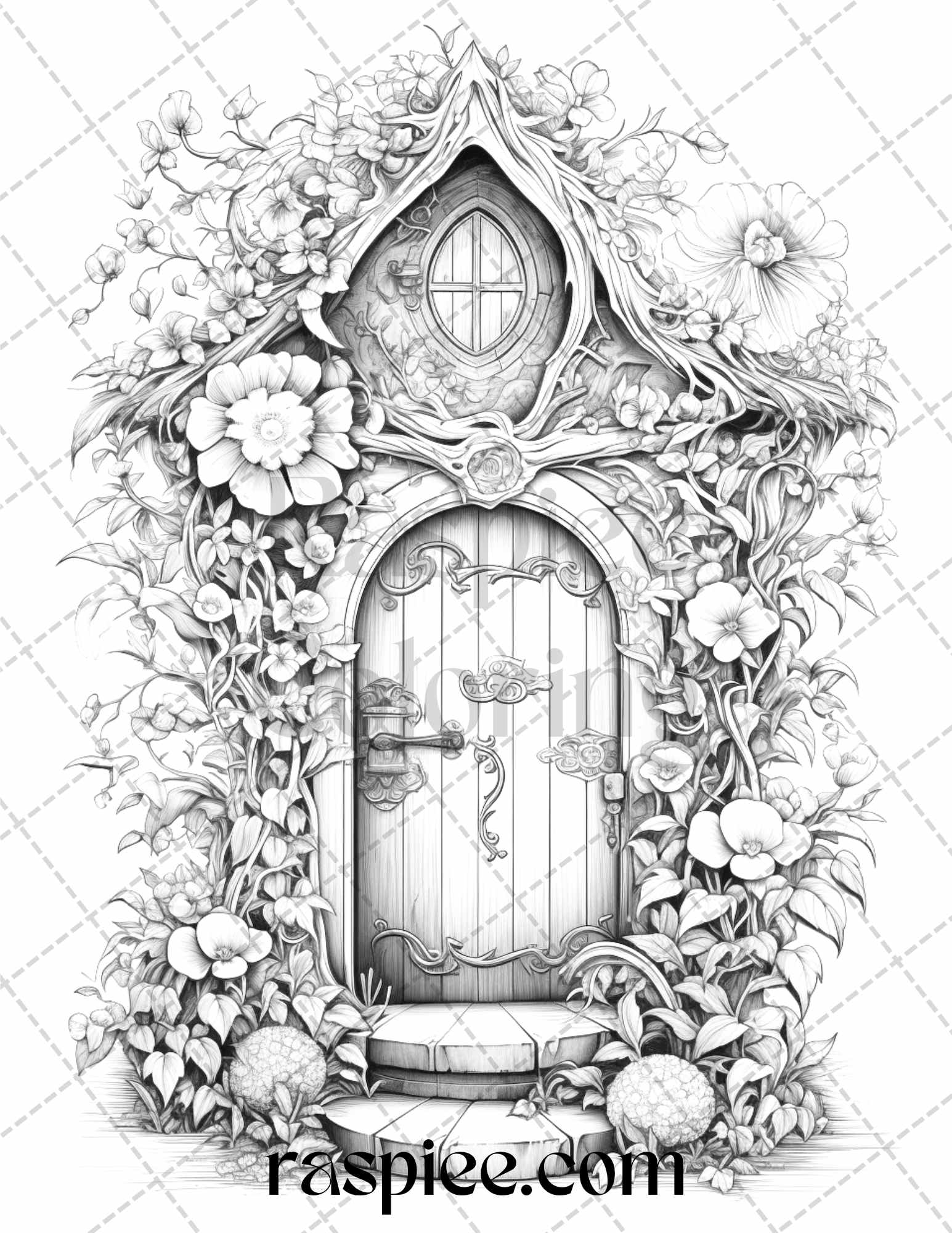 Flower fairy doors grayscale coloring pages printable for adults p â coloring