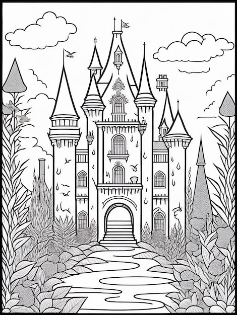 Premium vector create fairy tale magic printable coloring page of castle