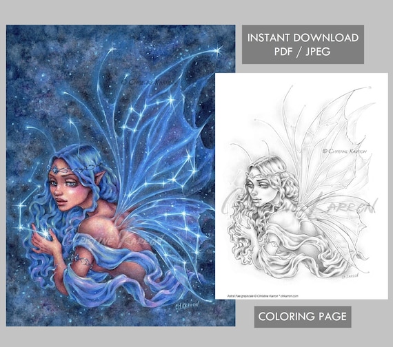 Astral fae coloring page grayscale illustration fairy wings stars universe instant download printable file jpeg and pdf christine karron