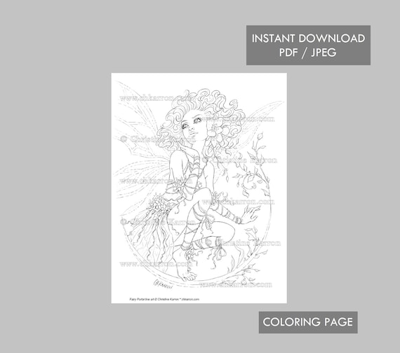 Fairy portal coloring page line art flower magick fairy wings female fae instant download printable file jpeg and pdf christine karron