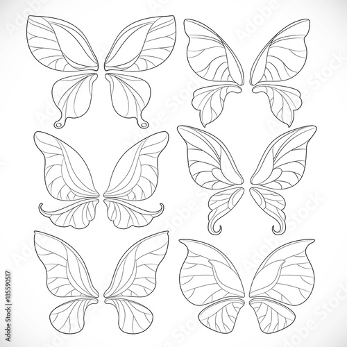 Fairy wings different form outlines set isolated on a white background vector