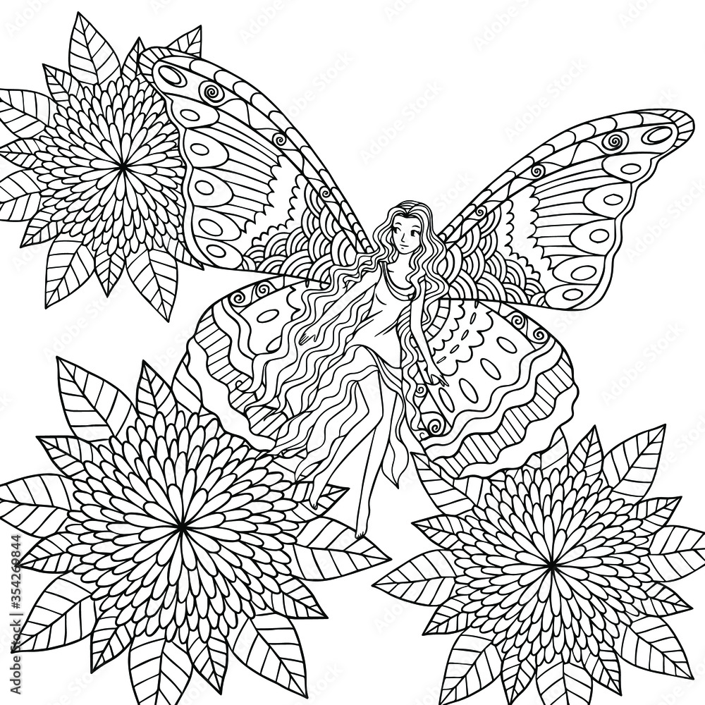 A fairy with butterfly wings is among flowers coloring book page illustration fairy tale line art for print decoration books vector